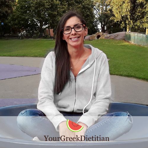 Greek dietitian Maria Kolotourou in the park with logo at the bottom