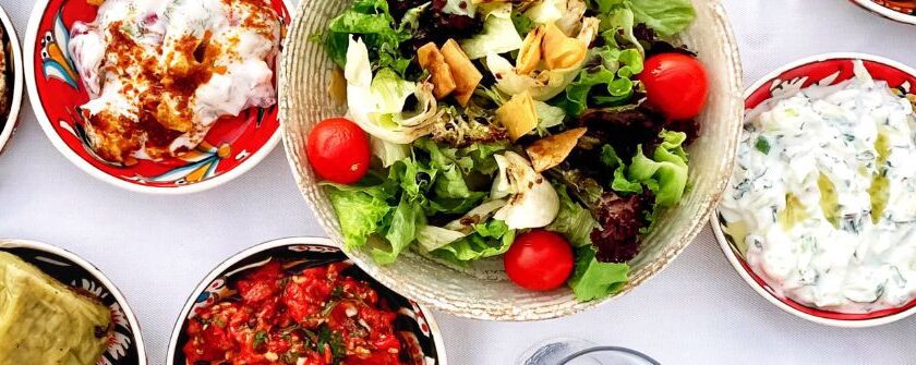 Mediterranean mezze spread with hummus, tzatziki, salad and dolmades